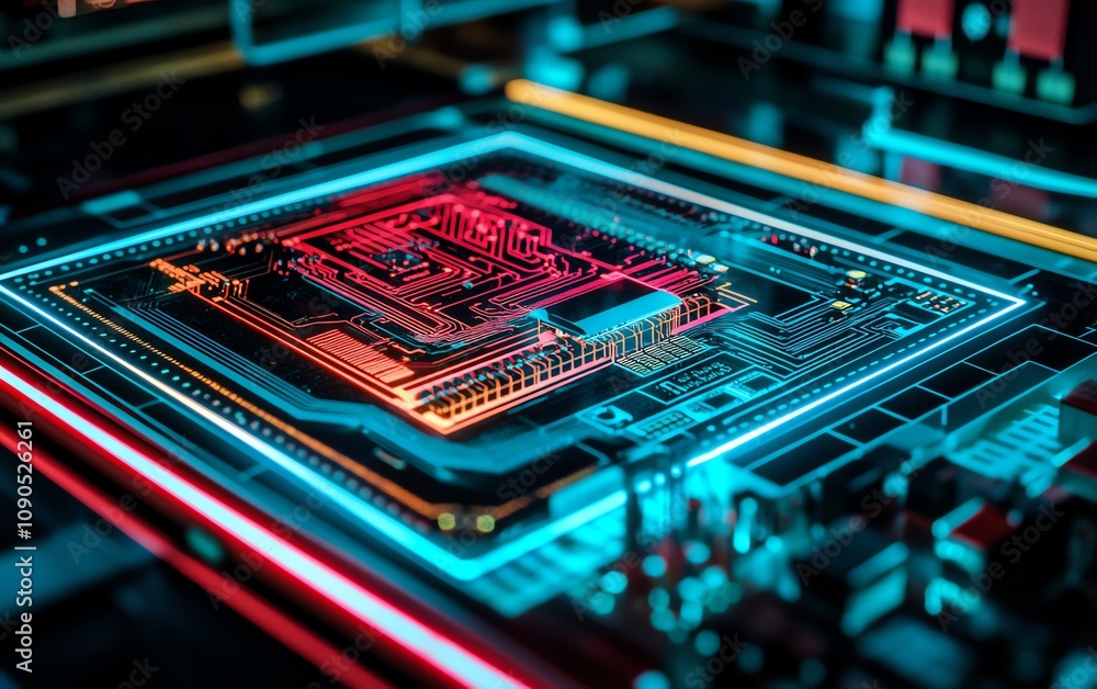 Poster a closeup of a modern circuit board bathed in neon red and blue lights, set against the backdrop of 