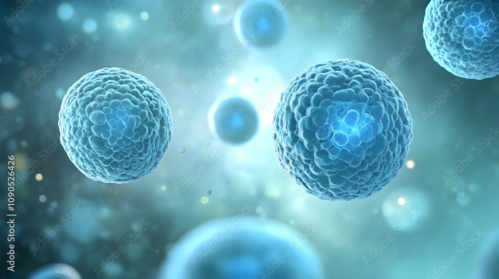 Poster microscopic 3d render of blue cells with detailed texture and a blurred background