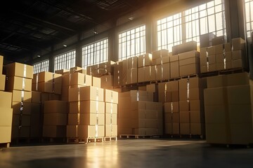 Cardboard Boxes Stack in Warehouse with Sunny Light