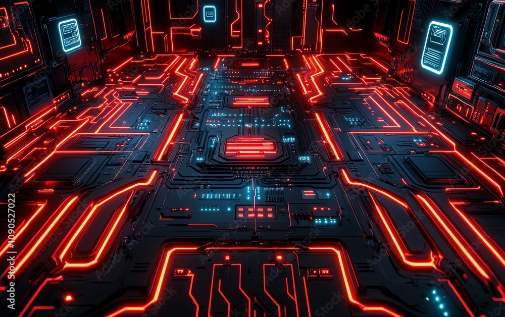 Poster a futuristic circuit board with glowing neon red and blue lights, set in a hightech technology lab a