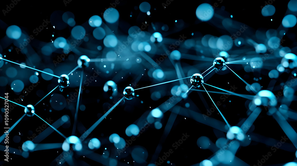 Poster abstract 3d render of interconnected spheres with blue lines and a black background