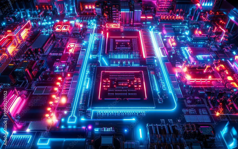 Poster a futuristic circuit board with glowing neon red and blue lights, set in a hightech technology lab a