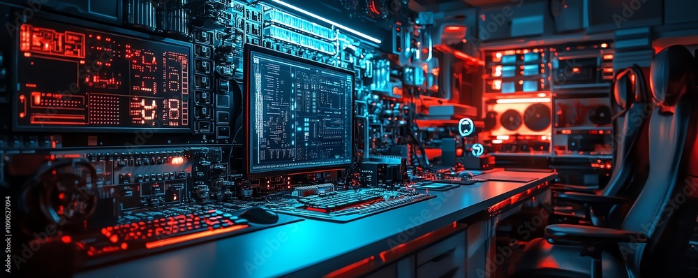 Aufkleber a glowing circuit board with neon red and blue highlights, situated in a futuristic technology lab a
