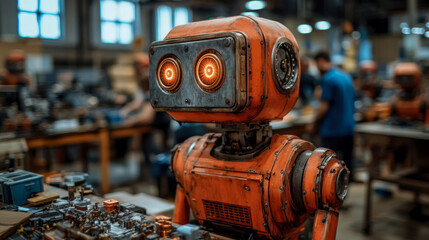 Fototapeta premium A vibrant orange robot occupies a central position in a bustling workshop, surrounded by craftsmen engaged in various tasks during the day
