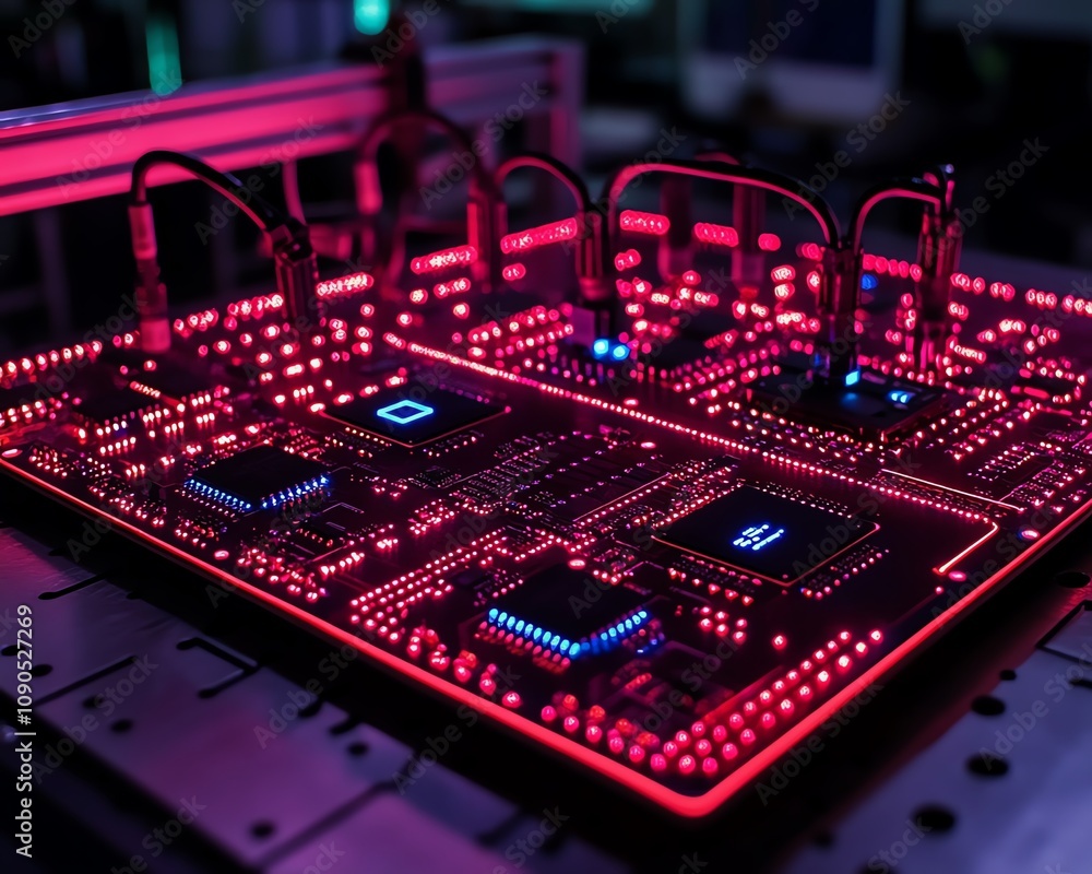 Poster A glowing, hightech circuit board with neon red and blue lights in a dark technology lab at night, emphasizing advanced electronic components and an immersive technological setting