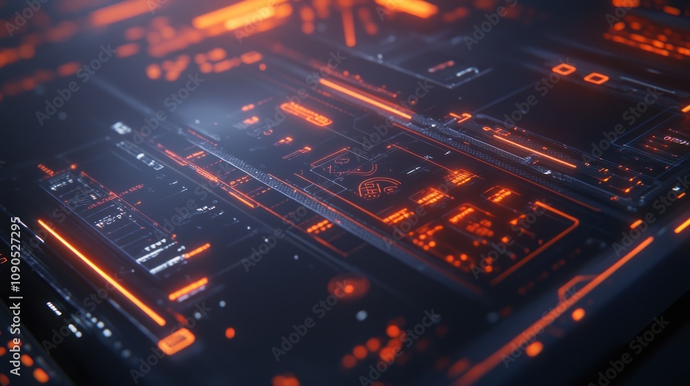 Poster abstract digital interface with glowing orange elements and intricate circuitry design.