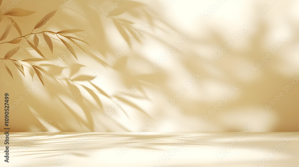 Poster abstract background with soft light and shadows of leaves on a beige wall, ideal for product display