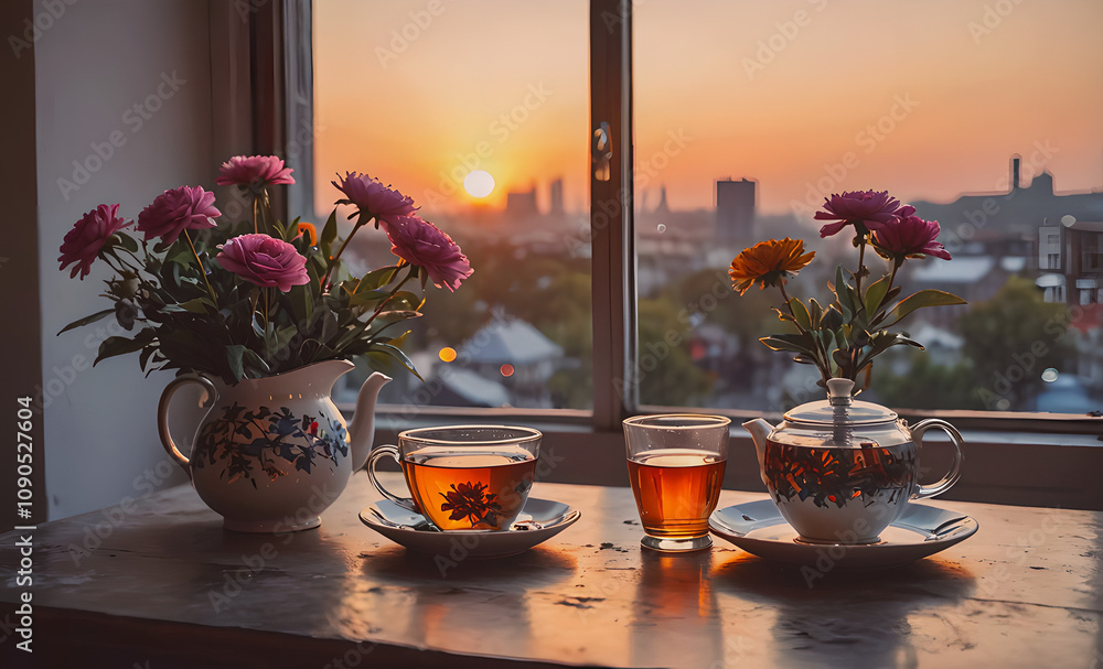 Aufkleber A table with two teapots and two cups of tea. The teapots are on a table in front of a window