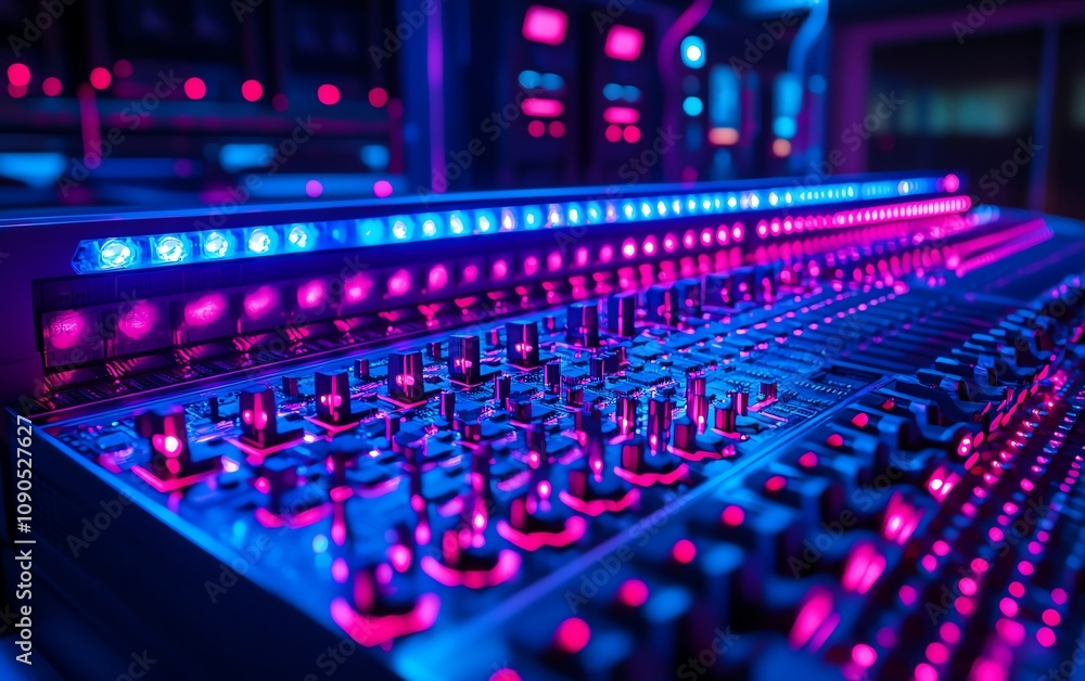 Aufkleber A modern circuit board illuminated with neon red and blue lights, set in a dark technology lab at night, displaying detailed components and a futuristic, techfocused ambiance