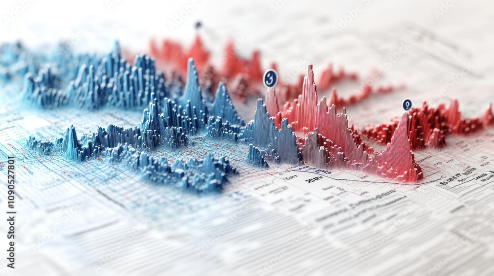 Aufkleber A 3D graph visualizing data trends in blue and red peaks.