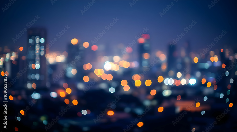Poster blurred cityscape lights at night with bokeh effect, creating a dreamy and abstract urban background