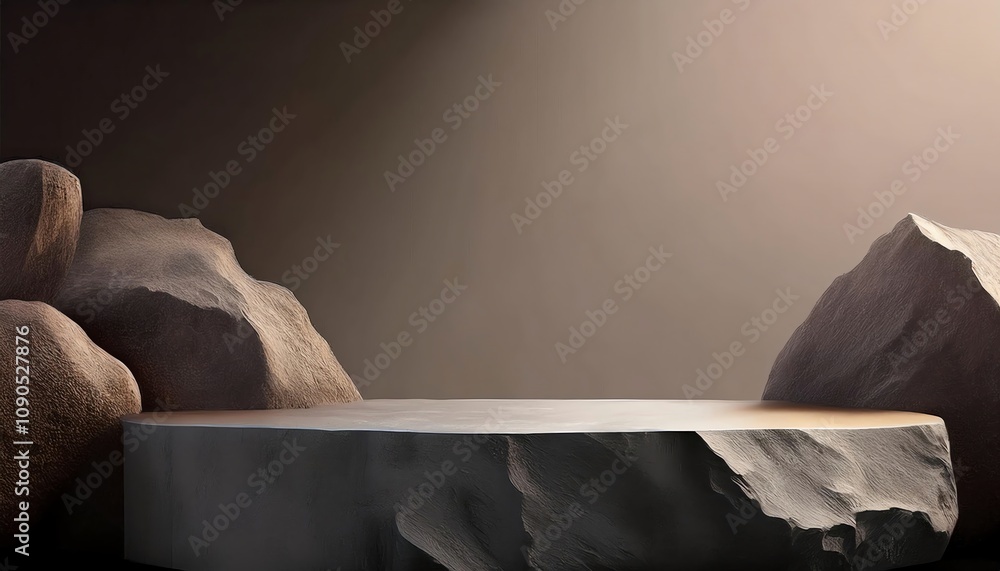 Aufkleber a minimalist scene featuring a smooth stone surface surrounded by rugged rocks, illuminated by soft 
