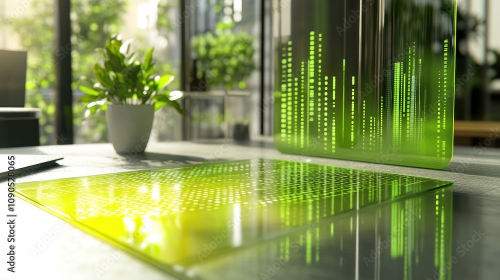 Poster A modern workspace with digital data visualization and a potted plant.