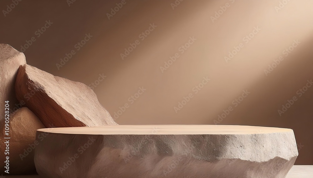 Poster a minimalist stone dish rests on a surface, surrounded by textured rocks, illuminated by soft light,