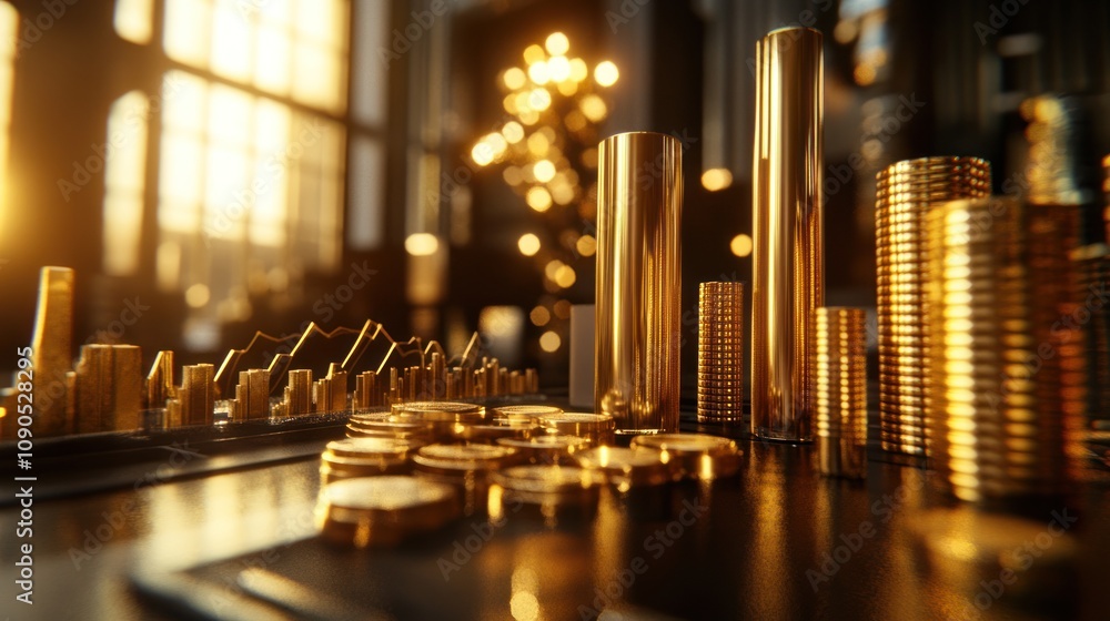Poster a collection of golden coins and bars arranged elegantly in a luxurious setting.