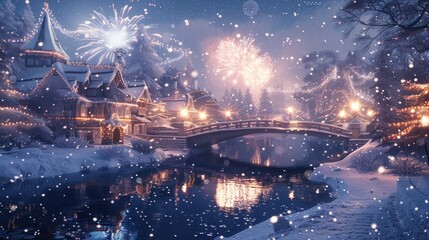 Fototapeta premium A snowy winter scene with fireworks over a charming village.