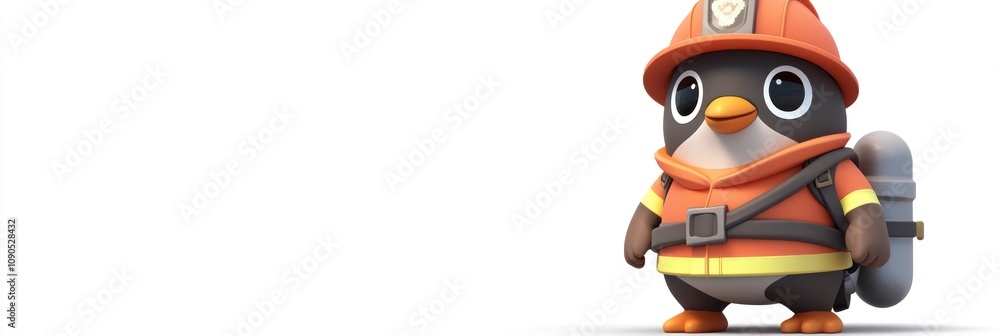 Poster A cartoon penguin dressed as a firefighter, ready for action with a helmet and gear.