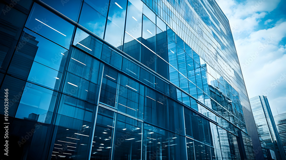 Poster a low angle view of a tall glass building with a blue sky and white clouds reflected in the windows