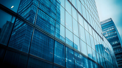 Obraz premium A Low Angle View of Modern Glass Skyscraper Buildings with Reflecting Windows and a Blue Sky