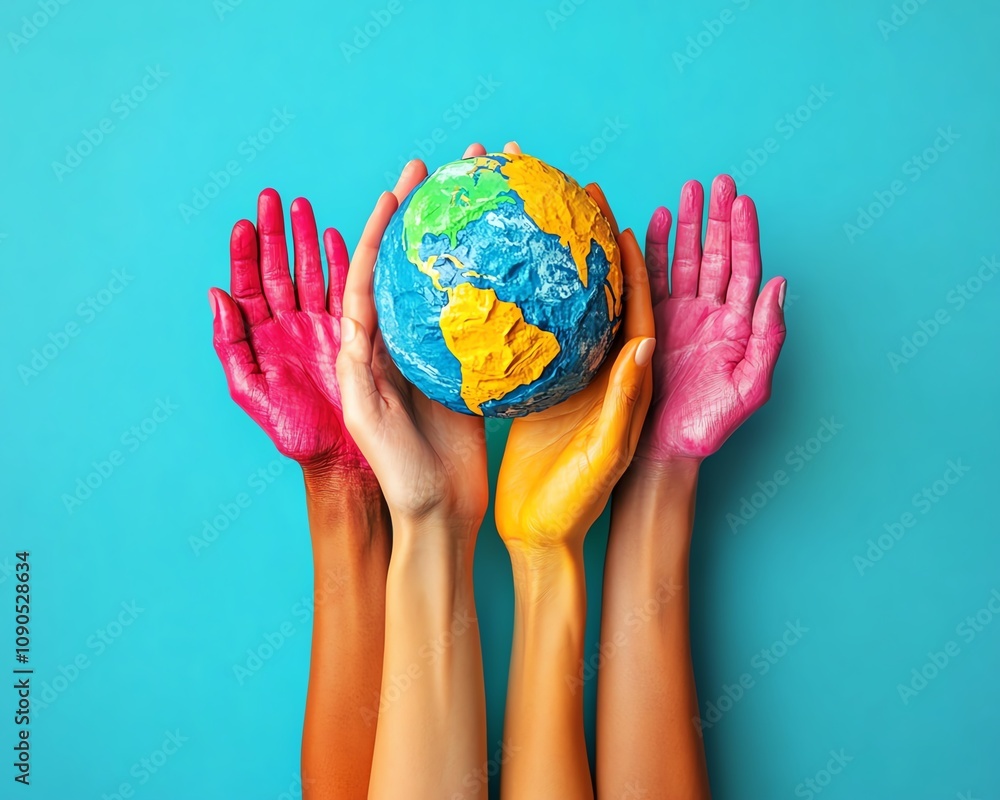 Aufkleber a vibrant clip artstyle image of several hands of different ethnicities holding a globe and heart sy