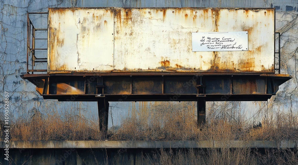 Poster A rusted industrial structure with overgrown vegetation and a faded sign.