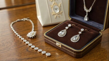 Heirloom Jewelry A closeup of heirloom jewelry displayed on a table representing tangible assets with sentimental value passed down through generations.