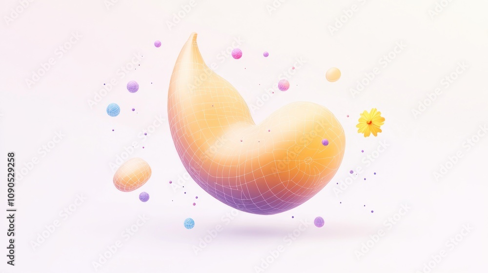 Poster a stylized, abstract representation of a stomach with floating elements.