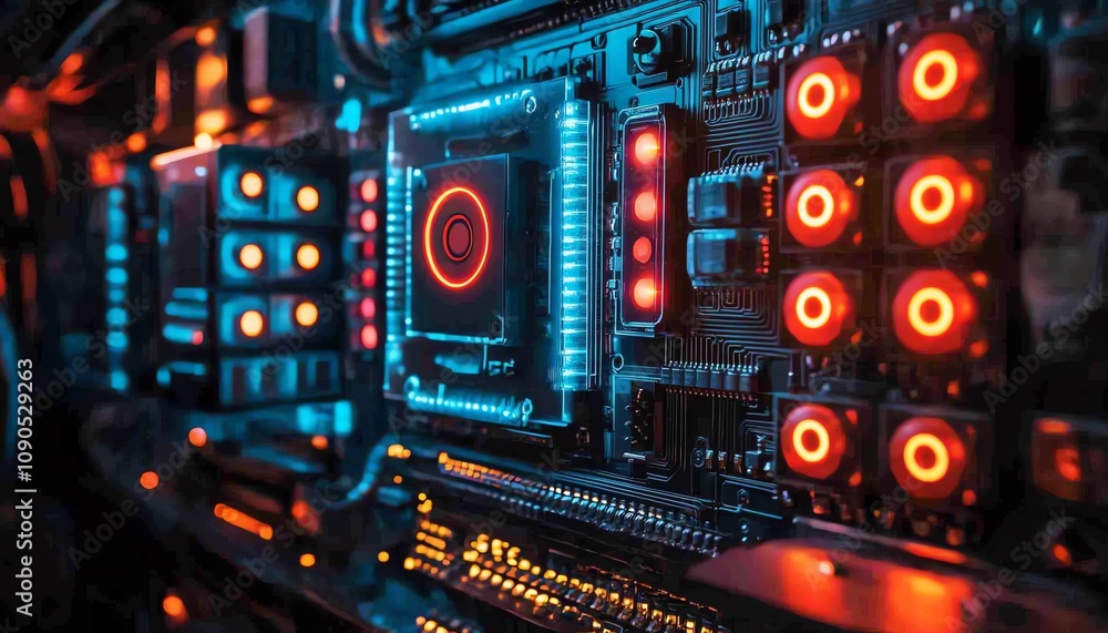 Aufkleber an intricate modern circuit board with vibrant neon red and blue lights, displayed in a hightech lab