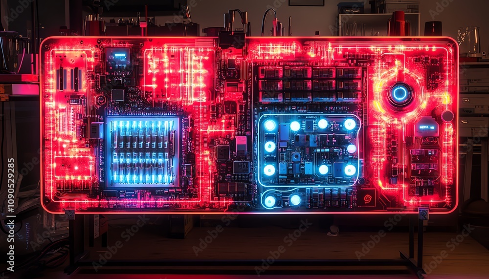 Aufkleber An intricate modern circuit board with vibrant neon red and blue lights, displayed in a hightech lab at night, capturing the essence of advanced technology and innovation