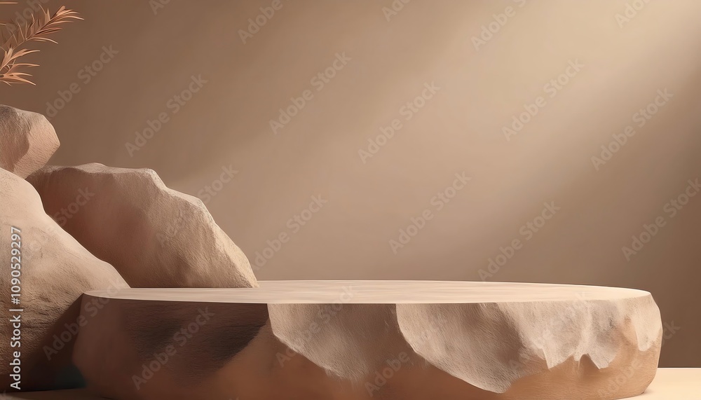Poster a minimalist setting featuring a smooth stone platform illuminated by soft light, with delicate natu