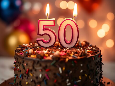Delicious Chocolate Cake with 50th Birthday Candles, Festive Party Setting. AI Generated