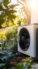 A close-up of an air source heat pump in the backyard, showcasing its energy-efficient design and modern aesthetics. The surrounding greenery adds to the eco-friendly vibe.