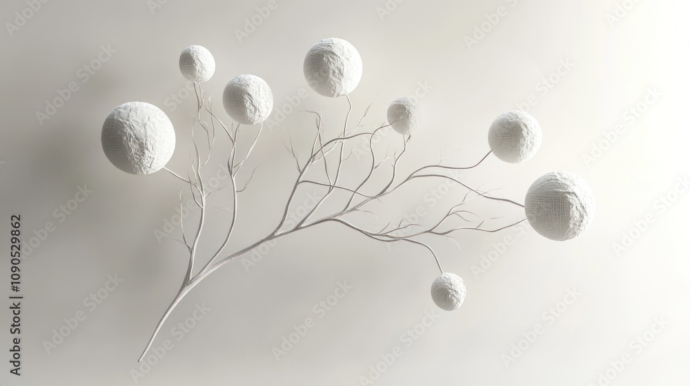 Poster a minimalist design featuring a branch with spherical shapes, creating an artistic composition.