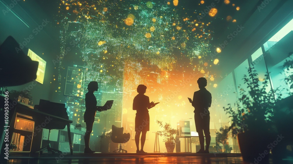 Poster silhouetted figures in a futuristic workspace with vibrant, cosmic visuals.