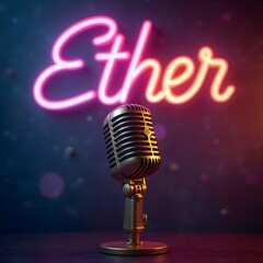 A classic vintage microphone stands prominently in front of a vibrant neon sign reading Ether. The colorful lighting creates a lively atmosphere perfect for a musical performance.