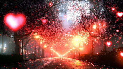 Fototapeta premium A Romantic Evening Walk Through a Tree-Lined Path Adorned with Glowing Hearts and Streetlights, Creating a Magical Atmosphere with a Soft Foggy Glow