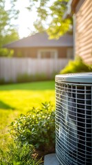 A close-up of an air source heat pump in the backyard, showcasing its energy-efficient design and modern aesthetics. The surrounding greenery adds to the eco-friendly vibe.