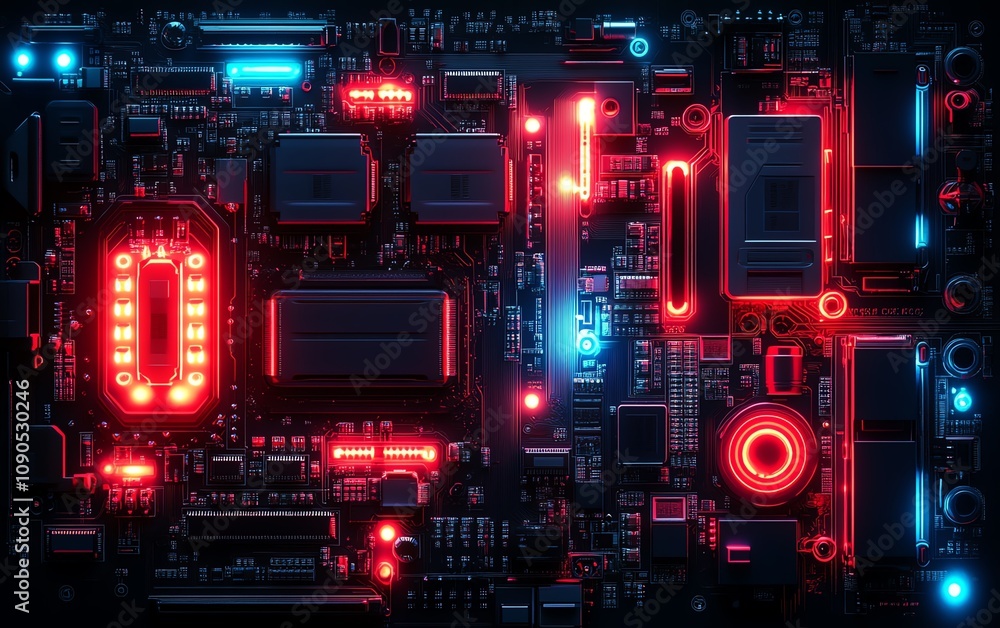 Poster detailed modern circuit board with neon red and blue illumination in a dark technology lab, capturin