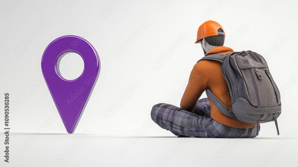 Poster a stylized figure sits beside a large location pin, symbolizing navigation and exploration.