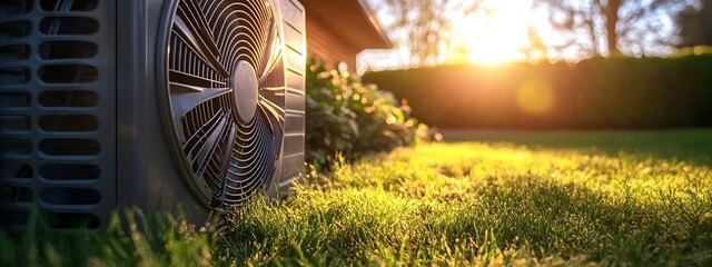 A close-up of an air source heat pump in the backyard, showcasing its energy-efficient design and modern aesthetics. The surrounding greenery adds to the eco-friendly vibe.