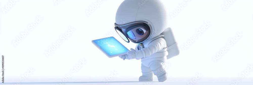 Poster a cute astronaut character using a tablet in a minimalist environment.