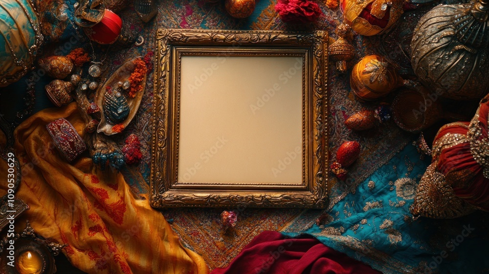 Poster An ornate empty frame surrounded by colorful textiles and decorative items.