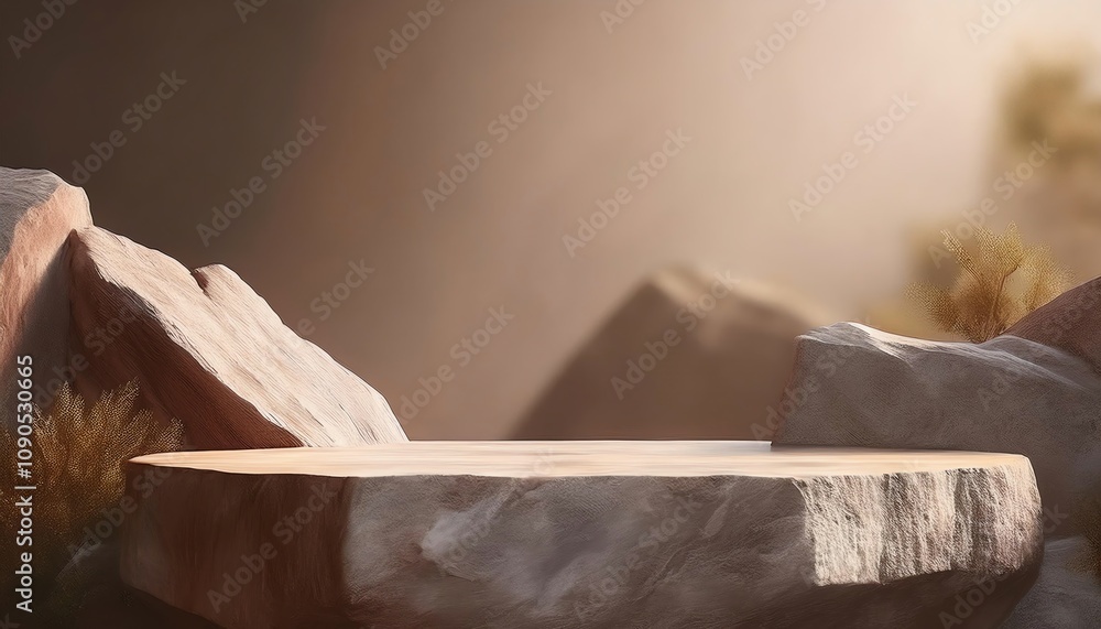 Poster a serene scene featuring a stone platform surrounded by rocks and soft light, creating a tranquil an