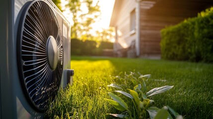 A close-up of an air source heat pump in the backyard, showcasing its energy-efficient design and modern aesthetics. The surrounding greenery adds to the eco-friendly vibe.