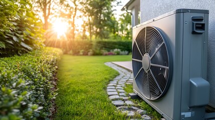 A close-up of an air source heat pump in the backyard, showcasing its energy-efficient design and modern aesthetics. The surrounding greenery adds to the eco-friendly vibe.