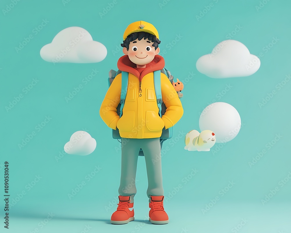 Poster charming 3d animated character with playful elements