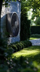 A close-up of an air source heat pump in the backyard, showcasing its energy-efficient design and modern aesthetics. The surrounding greenery adds to the eco-friendly vibe.