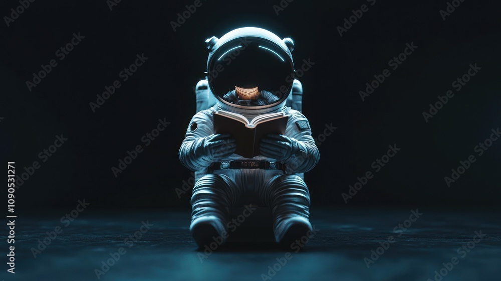 Poster an astronaut reading a book in a dark, serene environment.