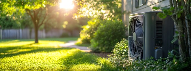 A close-up of an air source heat pump in the backyard, showcasing its energy-efficient design and modern aesthetics. The surrounding greenery adds to the eco-friendly vibe.