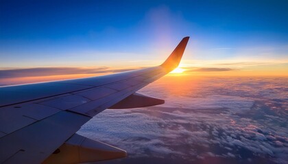 Obraz premium View from the airplane window, wing and sunrise in background